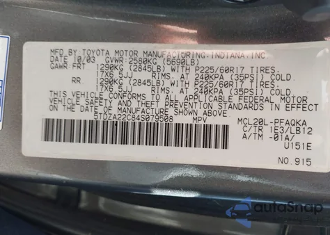 2004 Toyota Sienna Xle z USA, uszkodzony, nr VIN 5TDZA22C84S079508